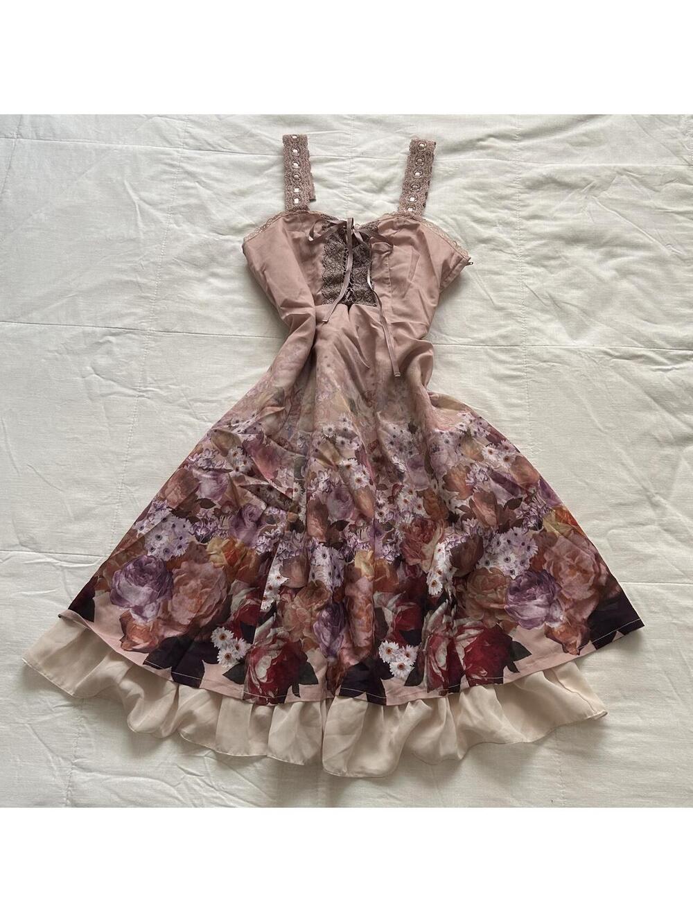Axes Femme Mauve Pink Floral Lace Bow Ruffle Midi Dress Medium Japan